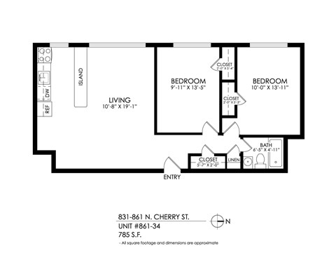 Floor plan for 2 beds, 1 bath, 790 sqft